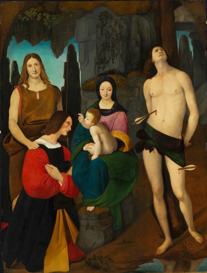 Giovanni Antonio Boltraffio: Mária gyermekével, Keresztelő Szent Jánossal, Szent Sebestyénnel és Bassiano da Ponte donátorral