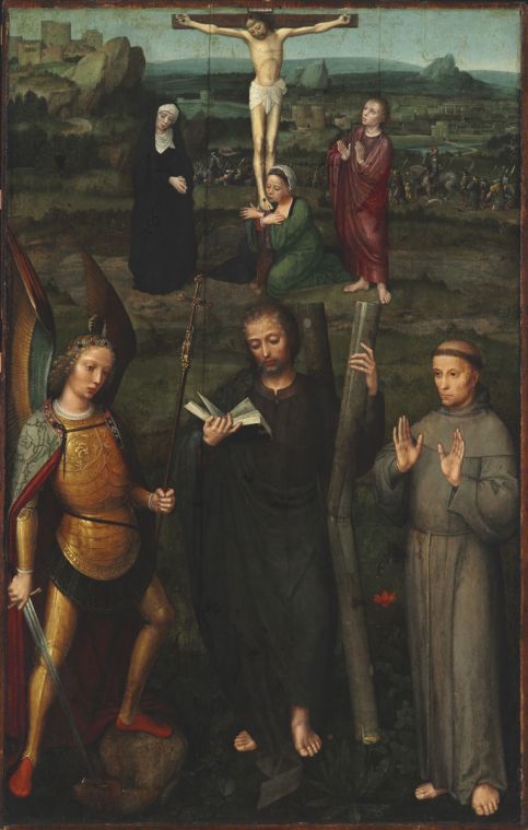 Adriaen Isenbrandt: Krisztus a kereszten Szent Andrással, Szent Mihály arkangyallal és Assisi Szent Ferenccel, 1510 körül