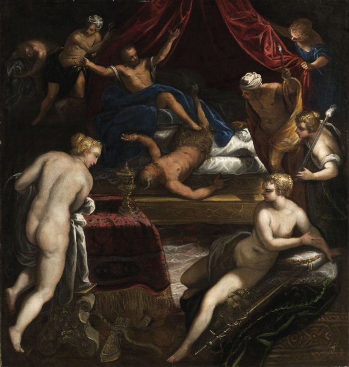 Jacopo Tintoretto: Herkules kitaszítja a faunt Omphale ágyából, 1585 körül